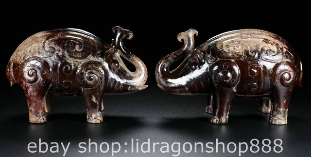 6.4" Chinese Natural Hetian Nephrite Jade Carving Animal Pig Statue Pair