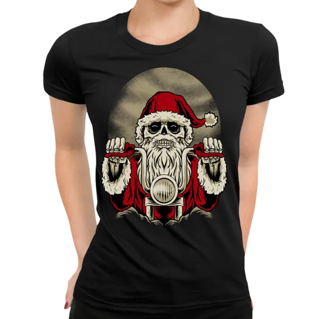 T-shirt donna Skeleton Santa Biker Rider Skull Natale teschio