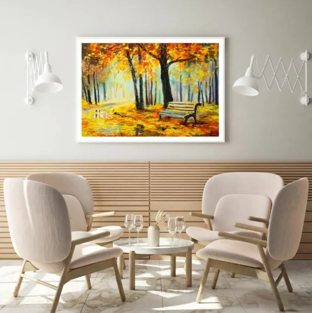 Autumn Forest & Bench Oil Paint Print Premium Poster High Quality choose sizes