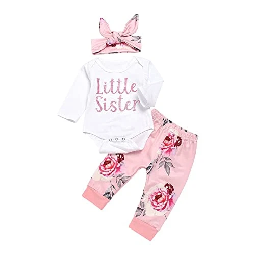 Set vestiti bambina abito neonato romper top sorellina e stampa rosa 3