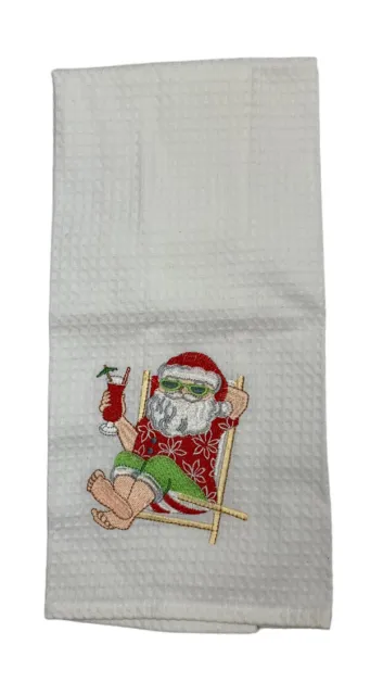 Kitchen Towel "Santa Beach Bum" Embroidered Santa 100% Cotton Dish Towel - White