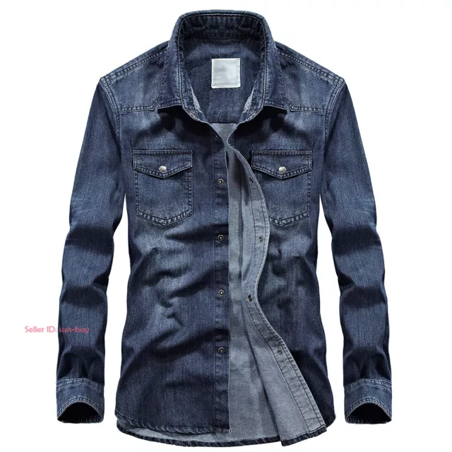 Mens Denim Shirts Long Sleeve Jeans Cotton Washed Slim Fit Multicolor Shirts Top