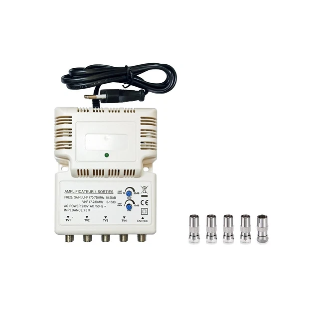 Amplificateur TNT Blindé HD4K 1 Entrée 4 Sorties - Gain UHF 25dB, VHF 15dB