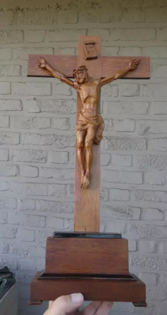 Antique french wood carved standing crucifix christ corpus Rare