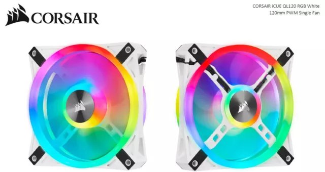 Corsair QL120 RGB White, ICUE, 120mm RGB LED PWM Fan 26dBA, 41.8 CFM, Single Pac