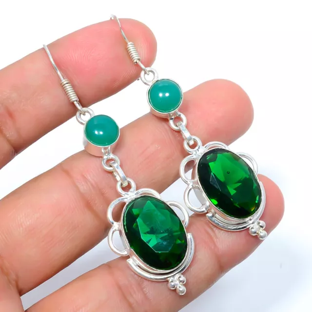 Chrome Diopside, Green Onyx 925 Sterling Silver Plated Earring 2.73" S28