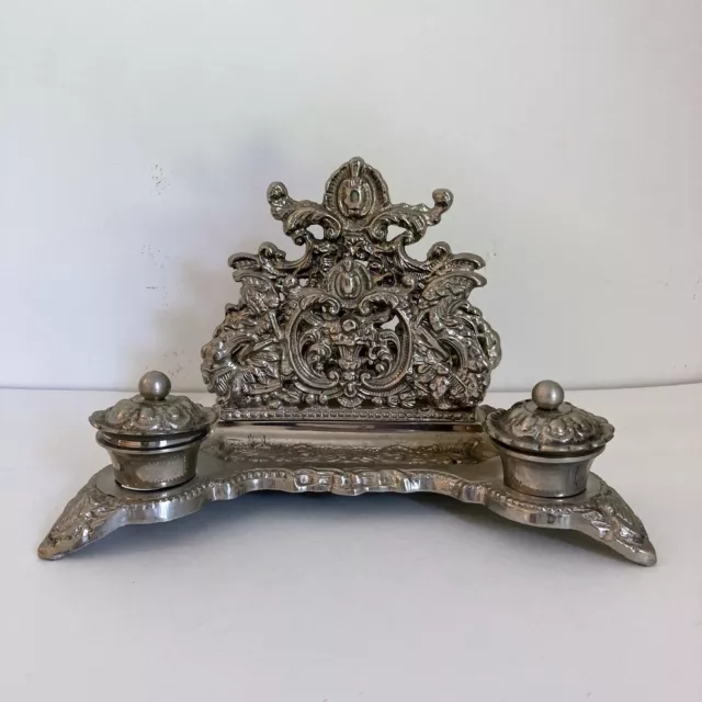 Vintage Victorian Style Nickel Plated Brass Liards double Inkwell Letter Holder