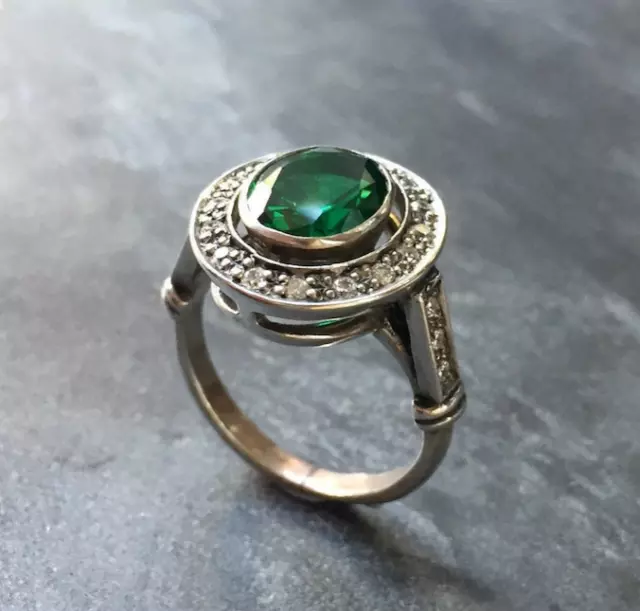 Vintage Antique Emerald Ring For Her 925 Sterling Silver Round Cut Lab Created