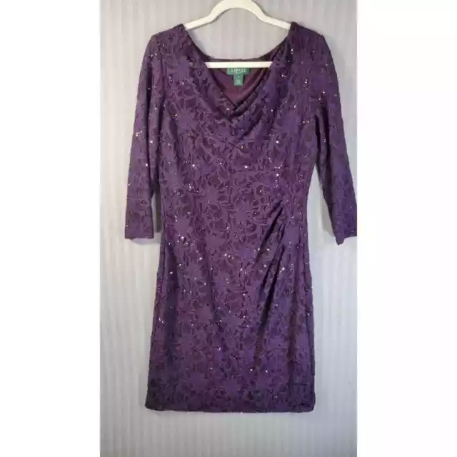 LAUREN Ralph Lauren Floral Lace Dress Size 16 Purple sequin Cowl Neck 3/4 Sleeve