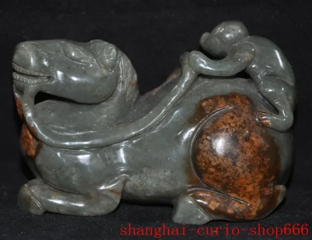 3.8"old China dynasty Hetian jade Carved fengshui Horse monkey wealth statue