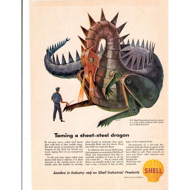 Shell Oil 1958 Adverting Print Ad Pucci  Sheet Steel Dragon Illustration VTG