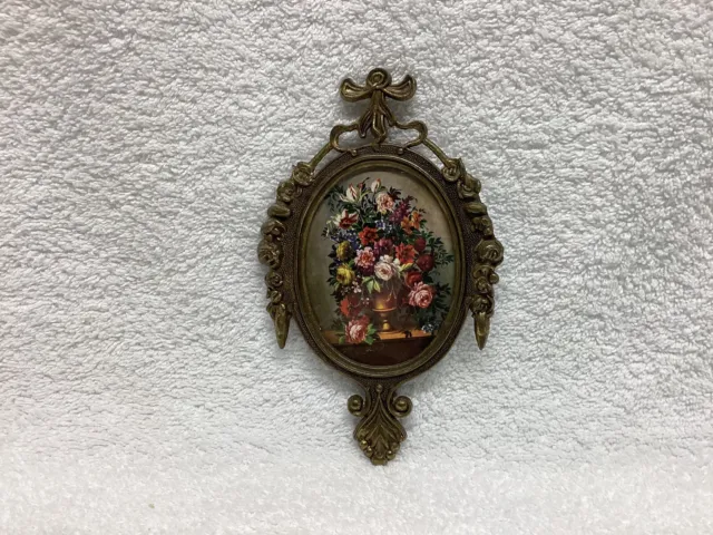 Vtg Made Italy Victorian Floral Flowers Bouquet Metal Ornate Frame Oval Picture