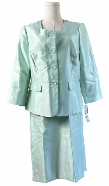 Le Suit 2PC Skirt Suit Women’s 12 Mint Green Blazer w/ Buttons The Hamptons New