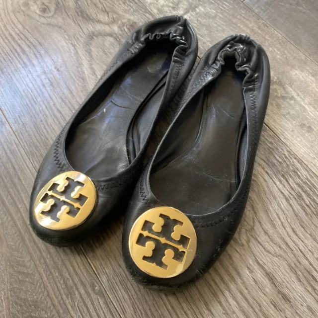 TORY BURCH black Leather with gold medallion Ballet Flat Shoes women’s USA 6.5 M