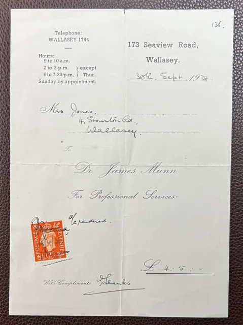 1938 Dr James Munn, 173 Seaview Road, Wallasey Invoice for Professional Services