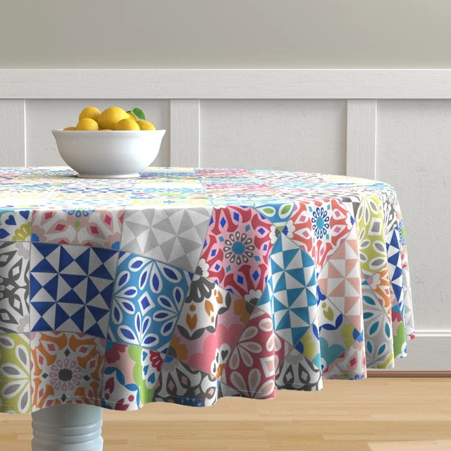 Round Tablecloth Tile Moroccan Bohemian Boho Floral Tiles Spanish Cotton Sateen