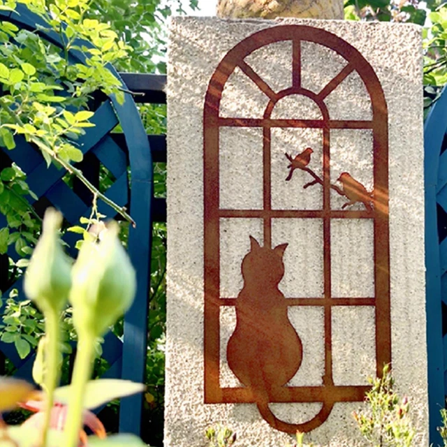 Fenêtre De Chat Avec Silhouette En Métal, Décor Artistique Mural Rustique