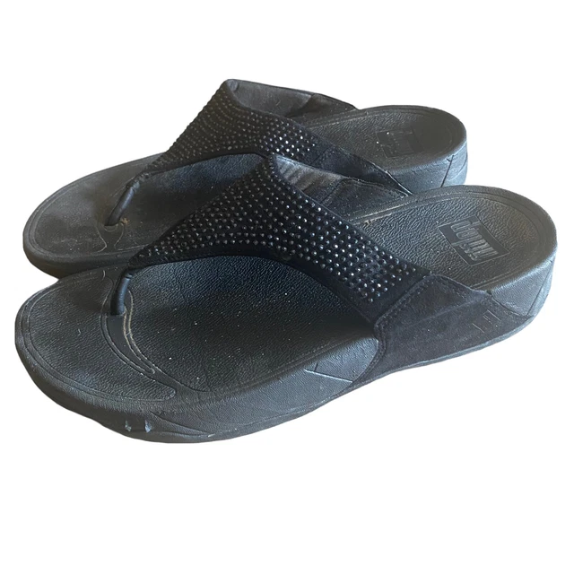 Fitflop Lulu Sandals Black Womens Size 9 Faux Crystal Embellished Thong Toe Posf