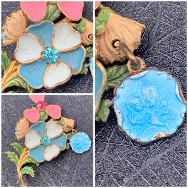 Vintage Catholic Miraculous floral Blue pink Enamel Gold Tone Medal Pin Brooch