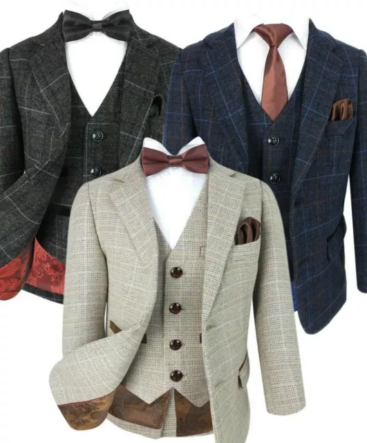 Abiti in tweed vintage a scacchi retrò bambini ballo di nozze blu navy beige grigio