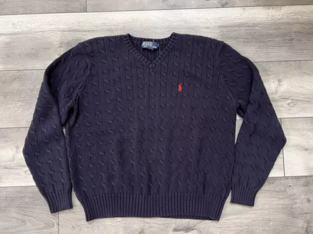 VTG Polo Ralph Lauren NAVY Blue 100% Cotton Cable Knit Vneck Sweater Women’s XL