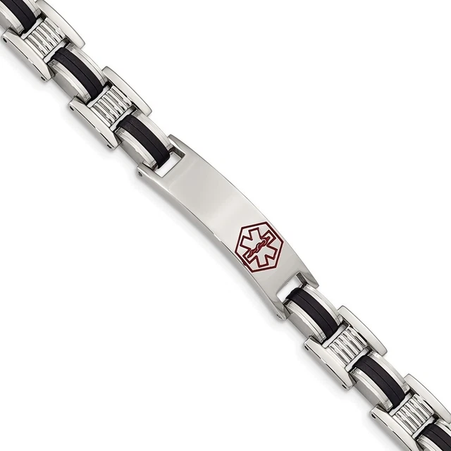 Mens Stainless Steel Black Rubber 8 Inch Medical I.D. Bracelet