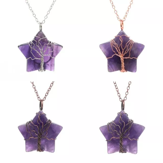 Natural Crystal Quartz Reiki Wire Wrap Tree Life Pentagram Star Pendant Necklace