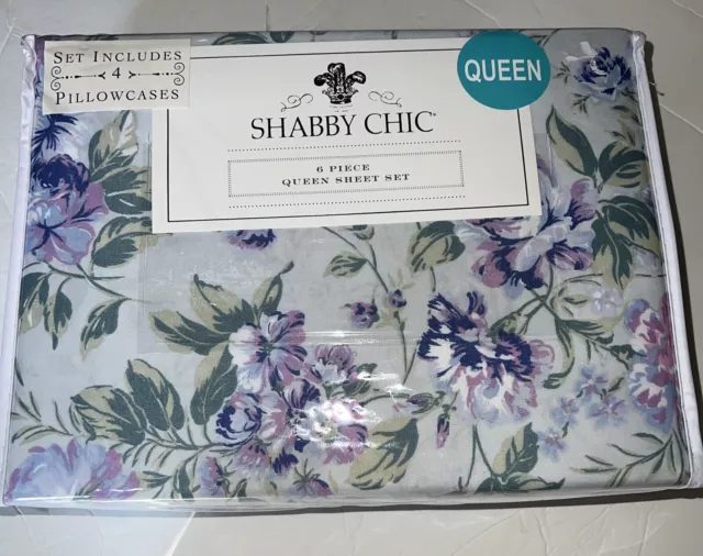 Shabby Chic by Rachel Ashwell 6pc Blue Purple Pink Green Floral Queen Sheet Set