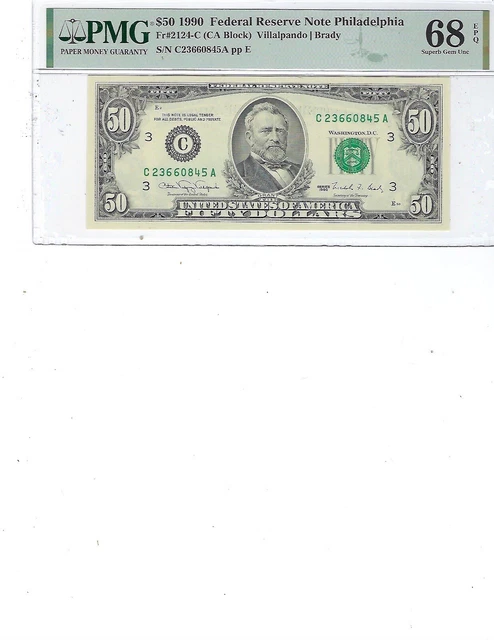1990 $50 Federal Reserve Note FR2124C  PMG 68 Superb Gem EPQ, Philadelphia!!!