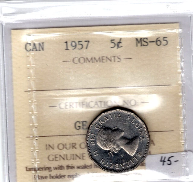 1957 Canada 5 Cents Coin - ICCS Graded MS-65
