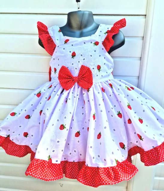 Dream 0-8 years baby girls summer red strawberries tie belt  twirly lined dress