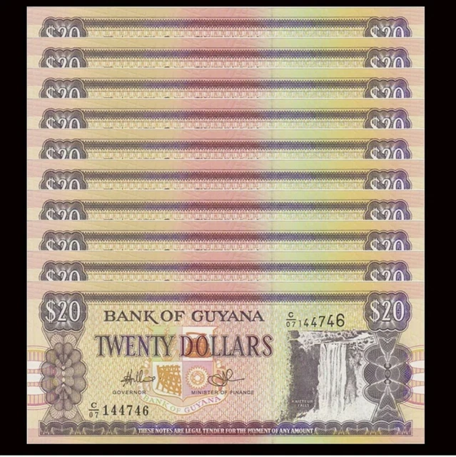 UNC Guyana 20 Dollars Banknote Lot – 5 X P-30, 1996, Uncirculated, Prefixes May Vary