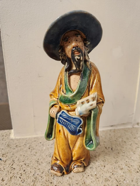 VINTAGE CHINESE FIGURINE MUD MAN Scholar with fan