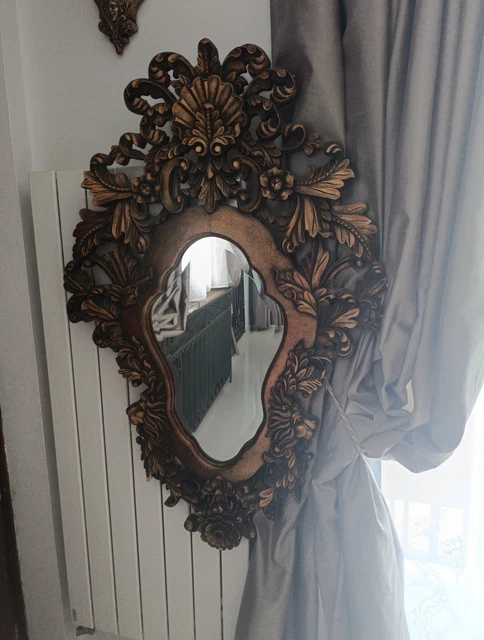 Miroir Mural Antique Avec Console - Style Baroque, Or Et Noir, Dimensions 56x46 Cm, Fabrication Italienne