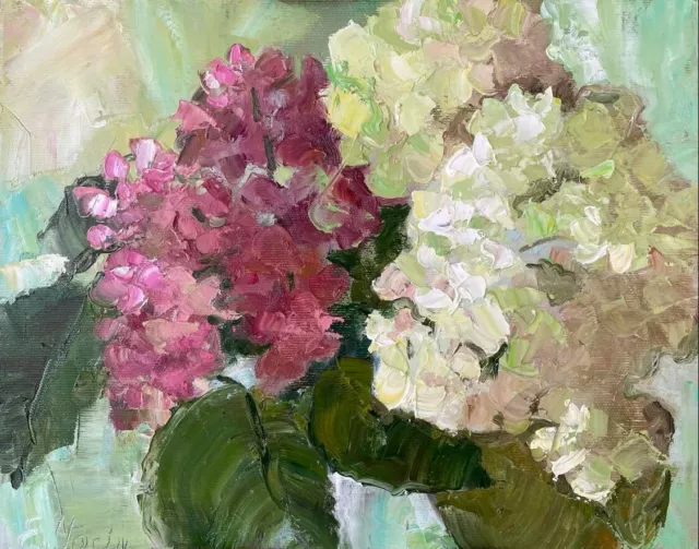 Hydrangea canvas oil painting Original art Pink white floral wall art 9x 12