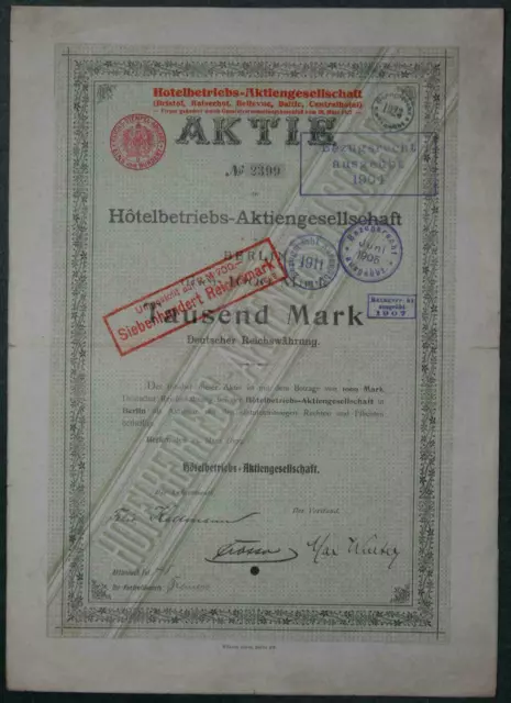 Hotelbetriebs-Aktiengesellschaft Berlin 1899 1000 Mark selten angeboten