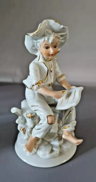 Vintage German Figurine, White Porcelain Boy with Book with Gold Detail