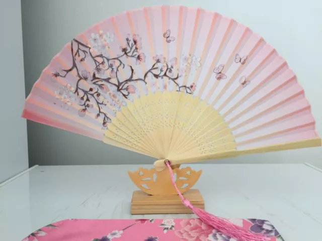 Japanese Silk Hand Fan - Cherry blossom n Sakura with Silk Fan Holder SSF020