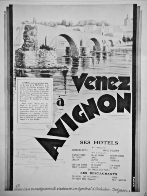 Publicité De Presse 1929 Avignon Ses Hotels Dominion Restaurants Pavillon Bleu