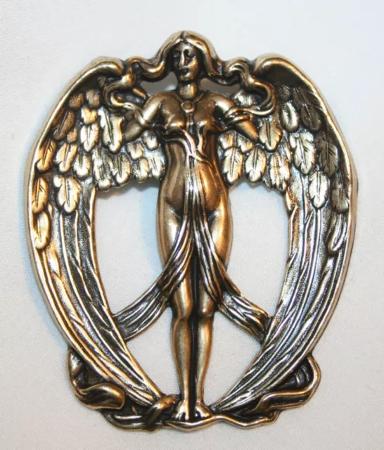 Lovely Large Etched Brasstone Winged Angel Brooch Pin