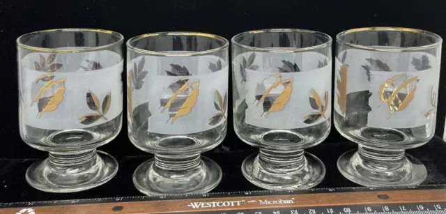 VTG Libby Footed Set of gold Leaf Foliage Cocktail Low Ball Glasses 4 pcs MCM