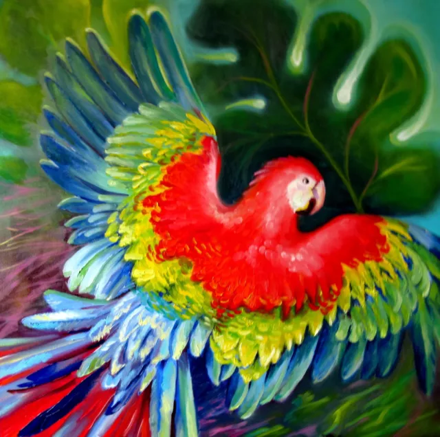 "Back to Freedom" 24X24" Red Macaw Parrots Original Oil Painting by Nadia Bykova