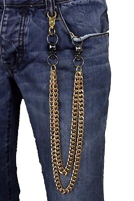 Men Gold Metal Wallet Chains KeyChain Biker Jeans Rocker 2 Strands Black Skulls