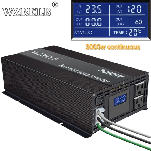 3000W Power Inverter 12/24/36/48V to 230 240V Pure Sine Wave Car Truck Camp LCD