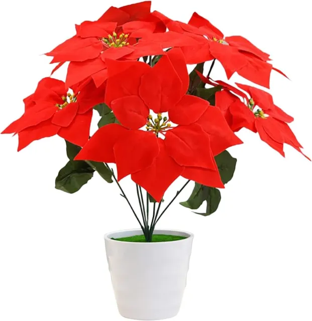 2PCS Artificial Red Poinsettia Potted Plant Christmas Flowers Decorations