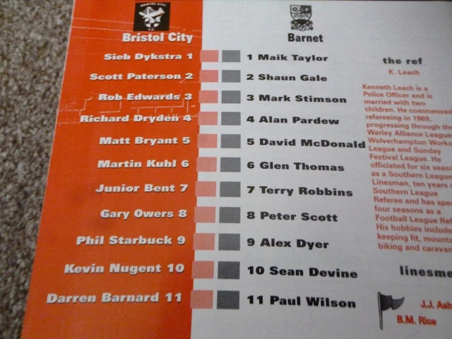 BRISTOL CITY V Barnet Tuesday 17Th October 1995 Auto Windscreens Shield ...
