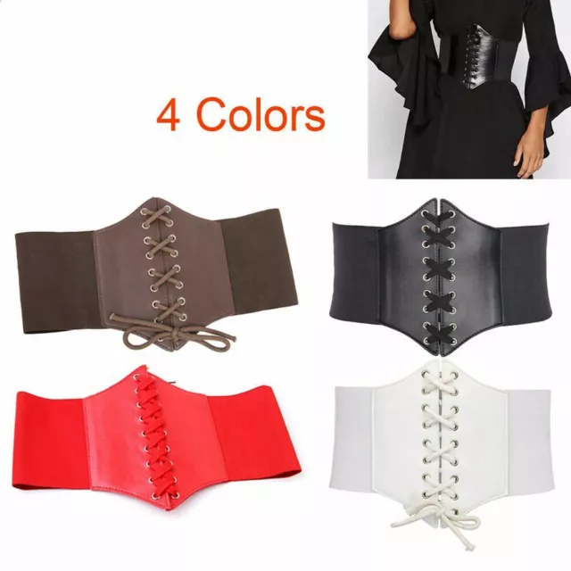 UK Ladies Waist Cincher Wide Band Elastic Tied Waspie Corset Leather Belt