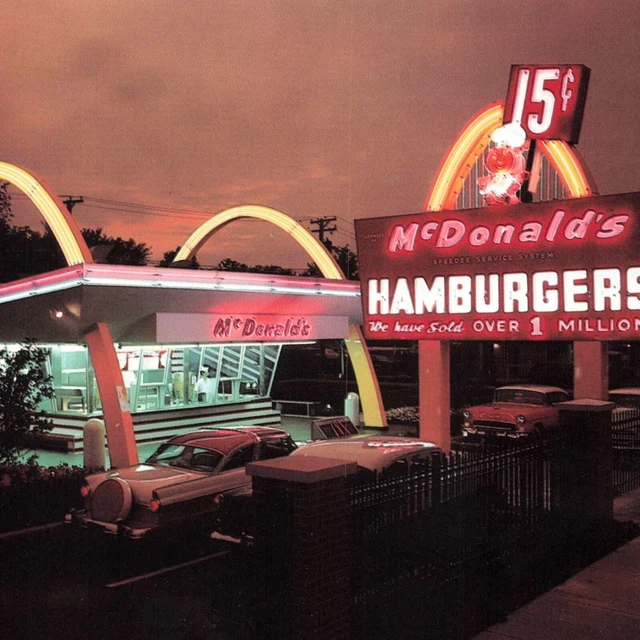 Postcard McDonald's Hamburger Ray Croc Classic Cars Automobiles Golden Arches