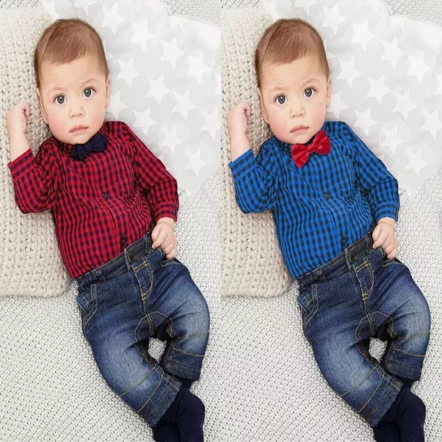 Toddler Kids Baby Boys Romper Shirt Tops+Denim Pants Outfits Clothes Set/2pcs