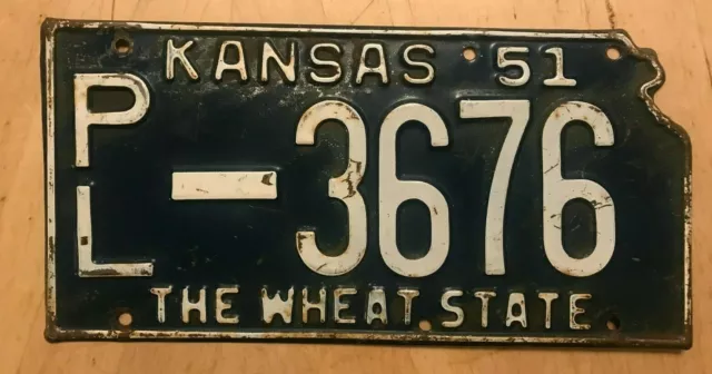 1951 Kansas State Shaped License Plate " Pl 3676 " Ks 51 Wheat State  Original